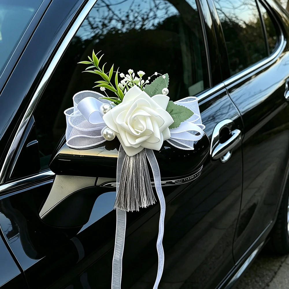 1/2Pcs White Rose Artificial Wedding Car Flowers Decorations with Ribbon & Pearl for Car Mirror Door Handle Bridal Decor