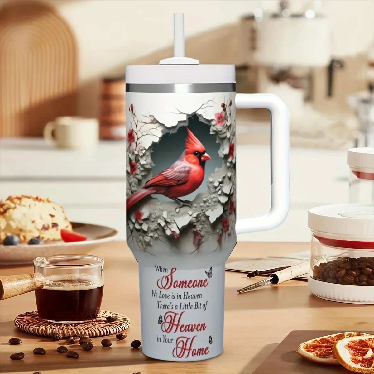 1pc Red Cardinal Bird Print 40Oz Stainless Steel Tumbler with Handle And Anti-Splash Lid, Non-Slip Oval Travel Mug with Straw, Coffee Cup, Reusable Multipurpose Drinkware, Suitable for Camping, BBQ, Ideal Gift for Adults - Christmas