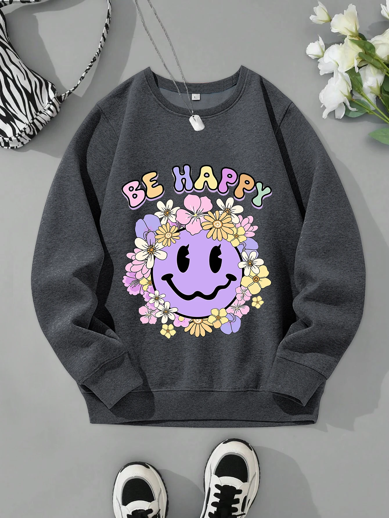 Be Happy Face Cartoons Print Hoody Women Harajuku Soft Loose Sweatshirt Fashion Warm Fleece Casual All-Match Sportswear