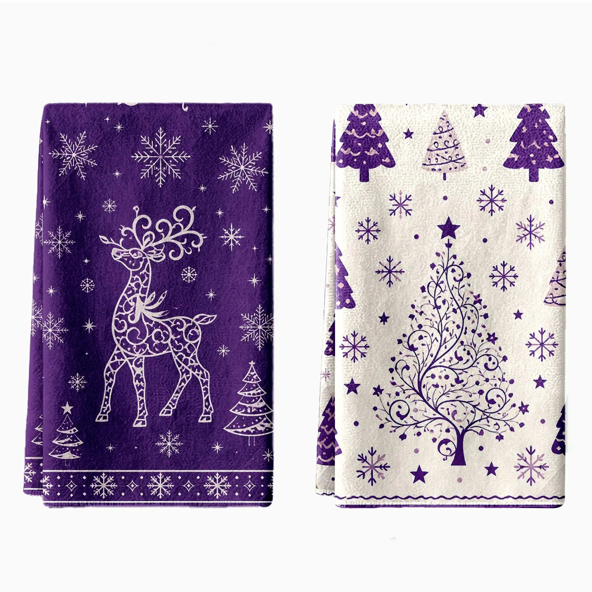 Christmas Kitchen Towel, Purple Reindeer Snowflakes & White Christmas Tree Dish Towel, Christmas Decorative Tea Towel, Polyester Absorbent Hand Towel, Holiday Kitchen Decorations