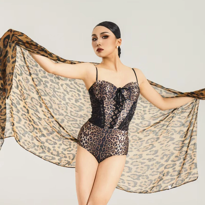 

Sexy Rumba Latin Dance Tops Women'S Ballroom Dance Top Adults Chacha Latin Dance Leopard Bodysuit Stage Practice Wear SL12934