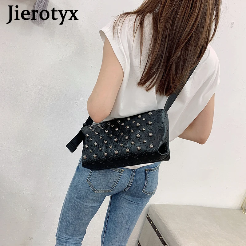 JIEROTYX Punk Rivet Skull Crossbody Bag for Women Vintage Embossing Designer Clutches Leather Handbags Female Great Quality