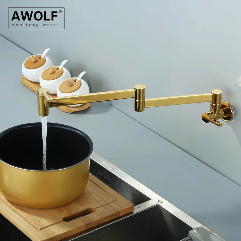 

Awolf Titanium Gold Lengthen Pot Filler Wall Mounted Folding Kitchen Faucet Countertop Solid Brass 360 Degree Swivel Tap FW009