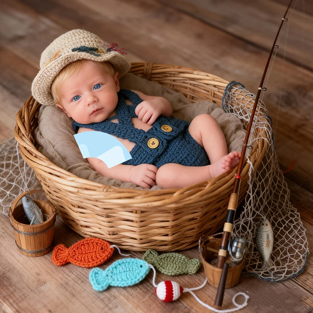 

3pcs Baby Photography Set, Newborn Keepsake Gift Box, Adorable Soft Knit Fisherman Hat and Romper, Creative Fashion Portrait