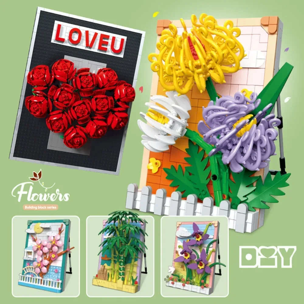 Flower Bouquet Building Blocks Simulated Rose Chrysanthemum Photo Frame Assembly Model Kids Puzzle Toy Desktop Decoration Gifts