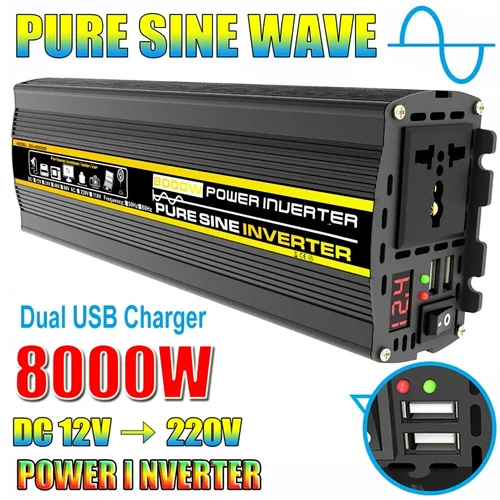 Transformador de voltaje inversor de potencia de onda sinusoidal pura de 3000W-8000W pantalla Digital inteligente convertidor de DC12V a AC 220V para el hogar del coche