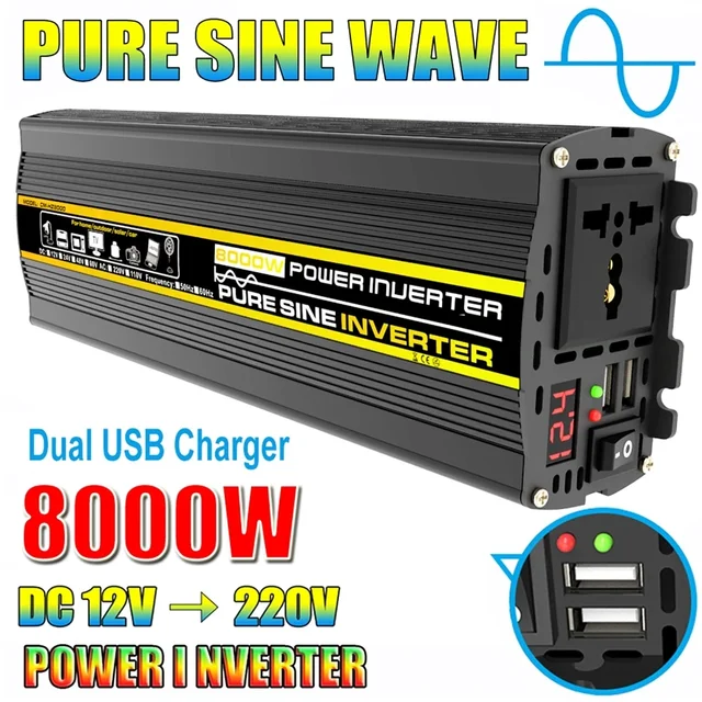 3000W-8000W czysta fala sinusoidalna przetwornica napięcia transformator inteligentny cyfrowy wyświetlacz samochód domowy konwerter DC12V na AC 220V
