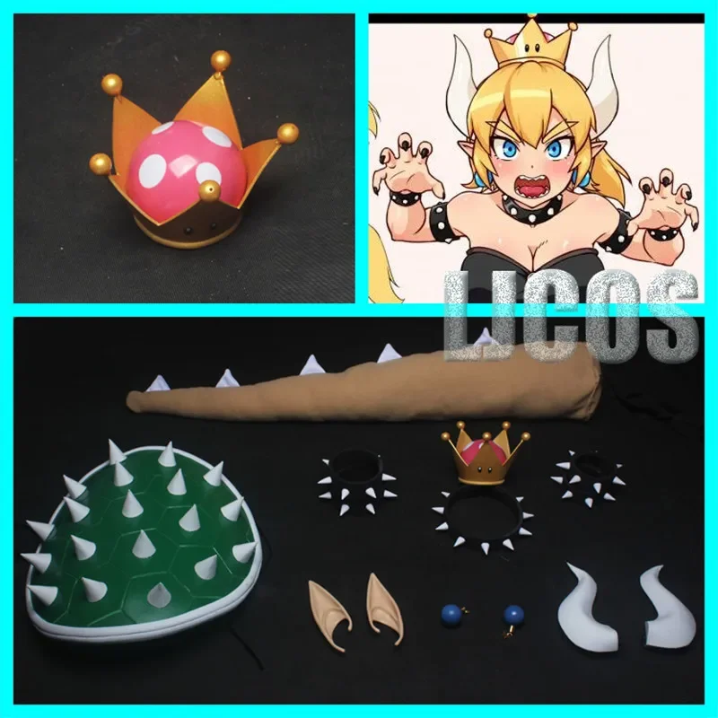 الدعائم زي تأثيري Bowsette للنساء ، Kuppa Koopa Hime ، تاج الأميرة ، الأقراط ، ذيل الأبواق ، درع الأذن ، أغطية الرأس المختنقة ، الدعائم زي الهالوين