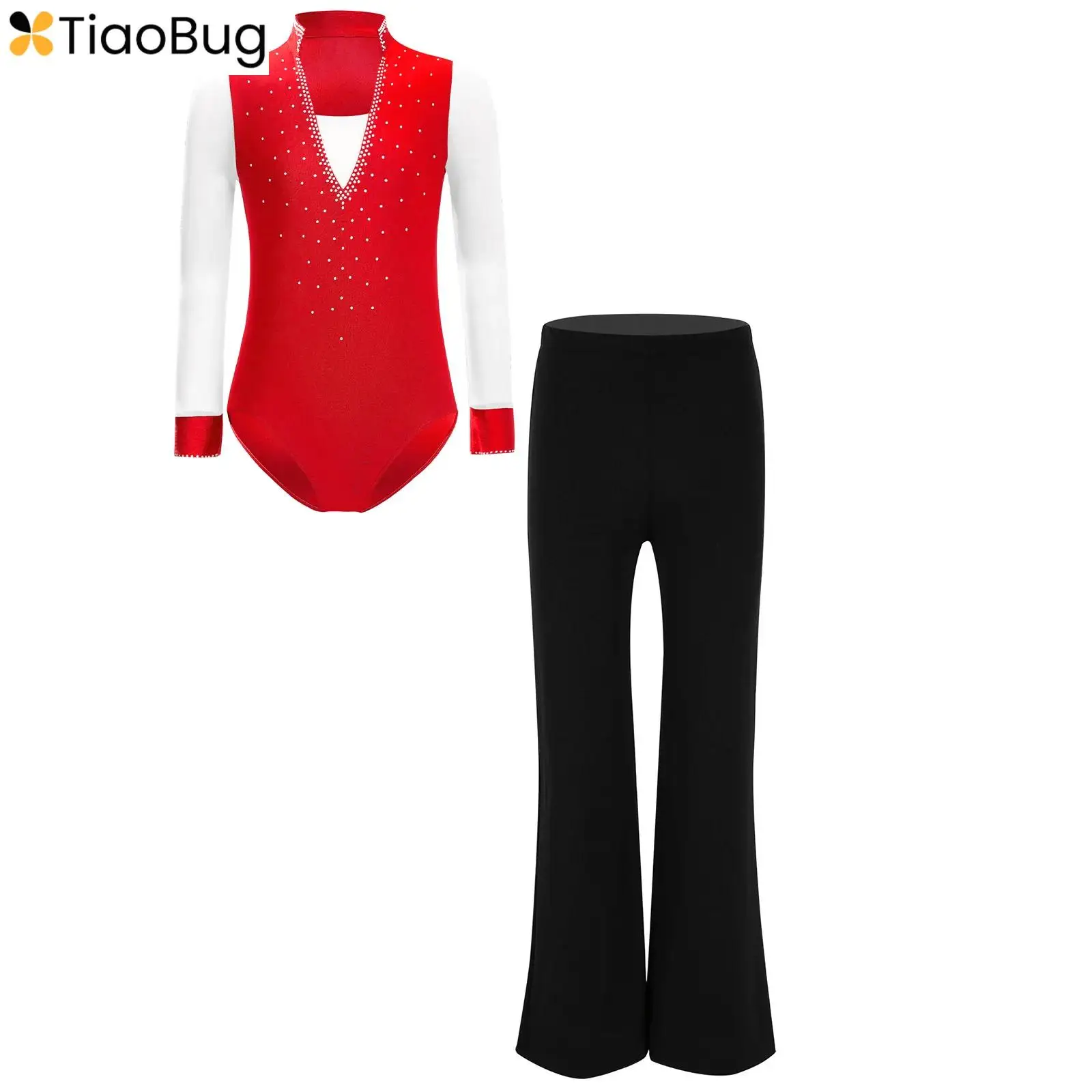 

Kids Boys Girls Figure Skating Dance Costumes Sheer Mesh Long Sleeve Shiny Rhinestone Leotard+Pants Stage Performance Dancewear