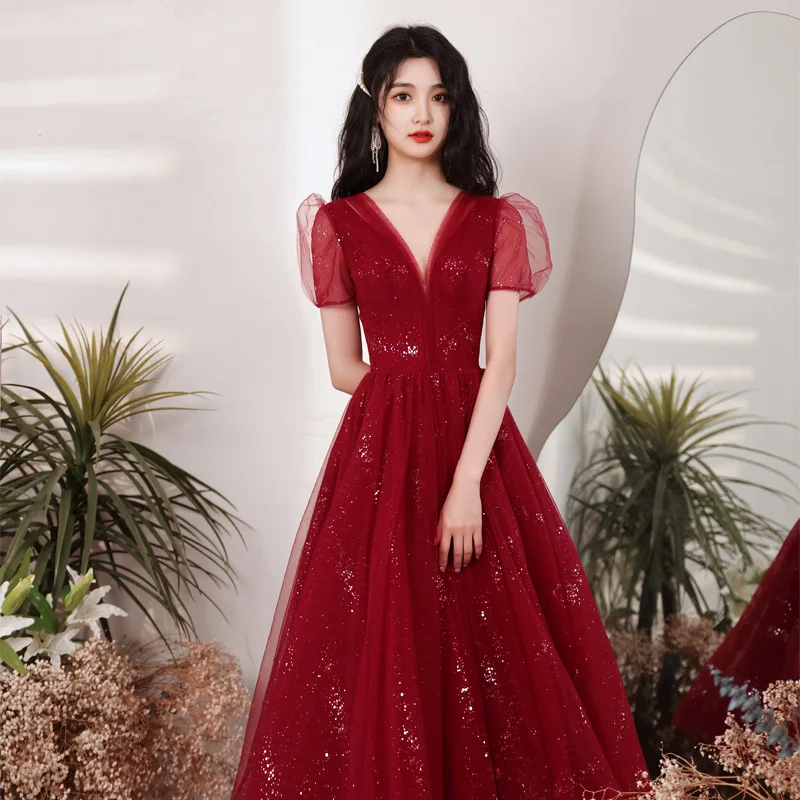 

Sexy Women's Deep V-Neck Evening Dress Exquisite Tulle Sequins Ankle-Length Prom Gown Simple Female Wine Red A-line Vestidos