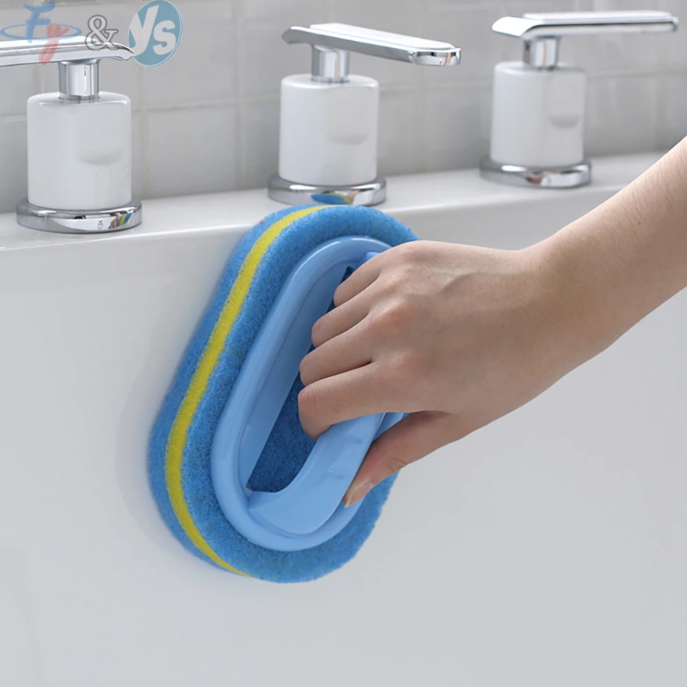 Dual-Sided Cleaning Sponge with Handle, Bathroom & Kitchen Scrub Brush, Non-Scratch Tub Tile Cleaning Sponge