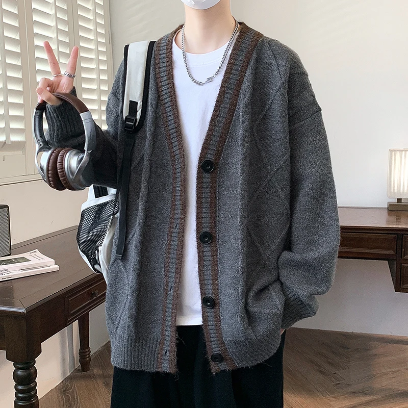 

Мужской свободный вязаный кардиган с V-образным вырезом, повседневный, с цветовыми блоками, высококачественный шерстяной, для весенне-осеннего сезона, верхняя одежда