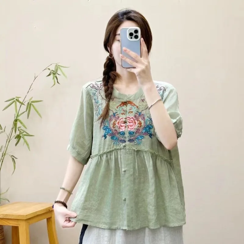 

Ethnic Embroidered Linen Cotton Cardigan Shirt Vintage Loose Fit Chinese Frog Button Summer Top for Women