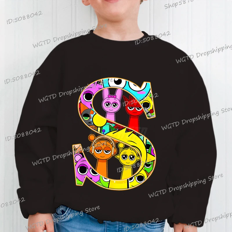 

Children's Clothing Anime Sprunki Letter Long Sleeve Sweatshirt Cartoon Long Sleeve Girls Boys Horror Game Sprunki Y2K Sudaderas