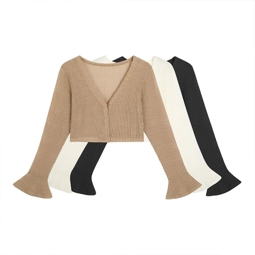 

Женский кардиган больших размеров с вырезами и длинными рукавами, куртка с v-образным вырезом и шалью, летняя солнцезащитная вязаная короткая верхняя одежда 62953