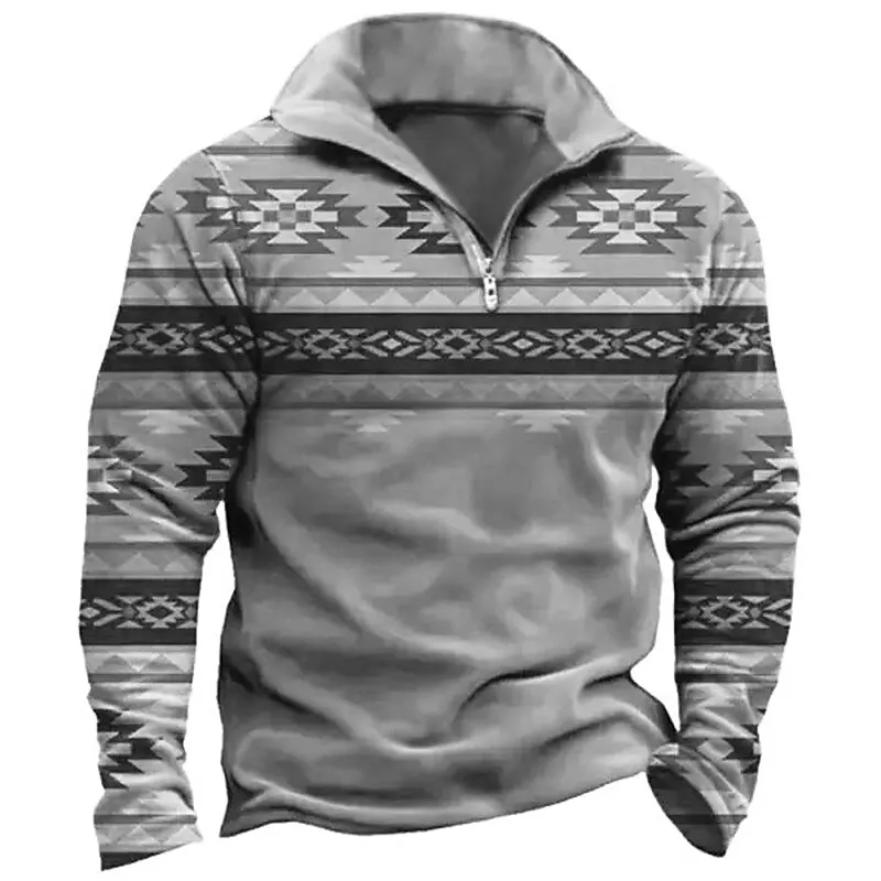 3D Vintage Print Men's Zipper Sweatshirt Fashion Classic Zip Collar Long Sleeve Pullover Autumn Daily