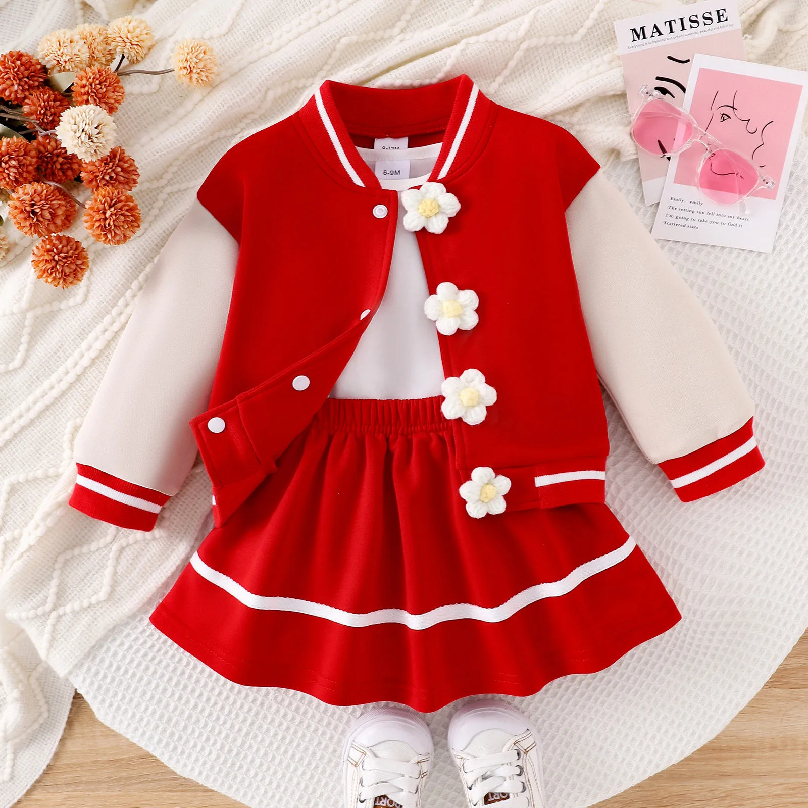 2PCS Children Girls Clothes Set Baseball Long Sleeved Overcoat+Short Skirt Fashion Style Design Suit Kids Girl 12M,18M,24M,3Y