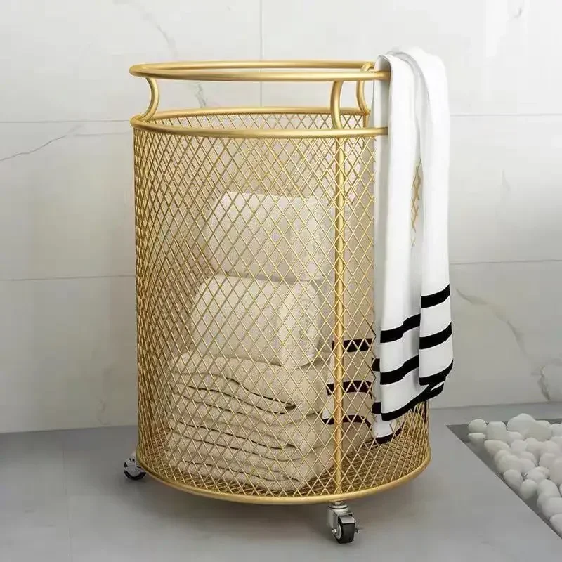 

Metal Wheel Basket Gold Color Dirty Clothes Storage Handle Laundry Basket with Wheels Home Creative Organizer for Clothes Toys
