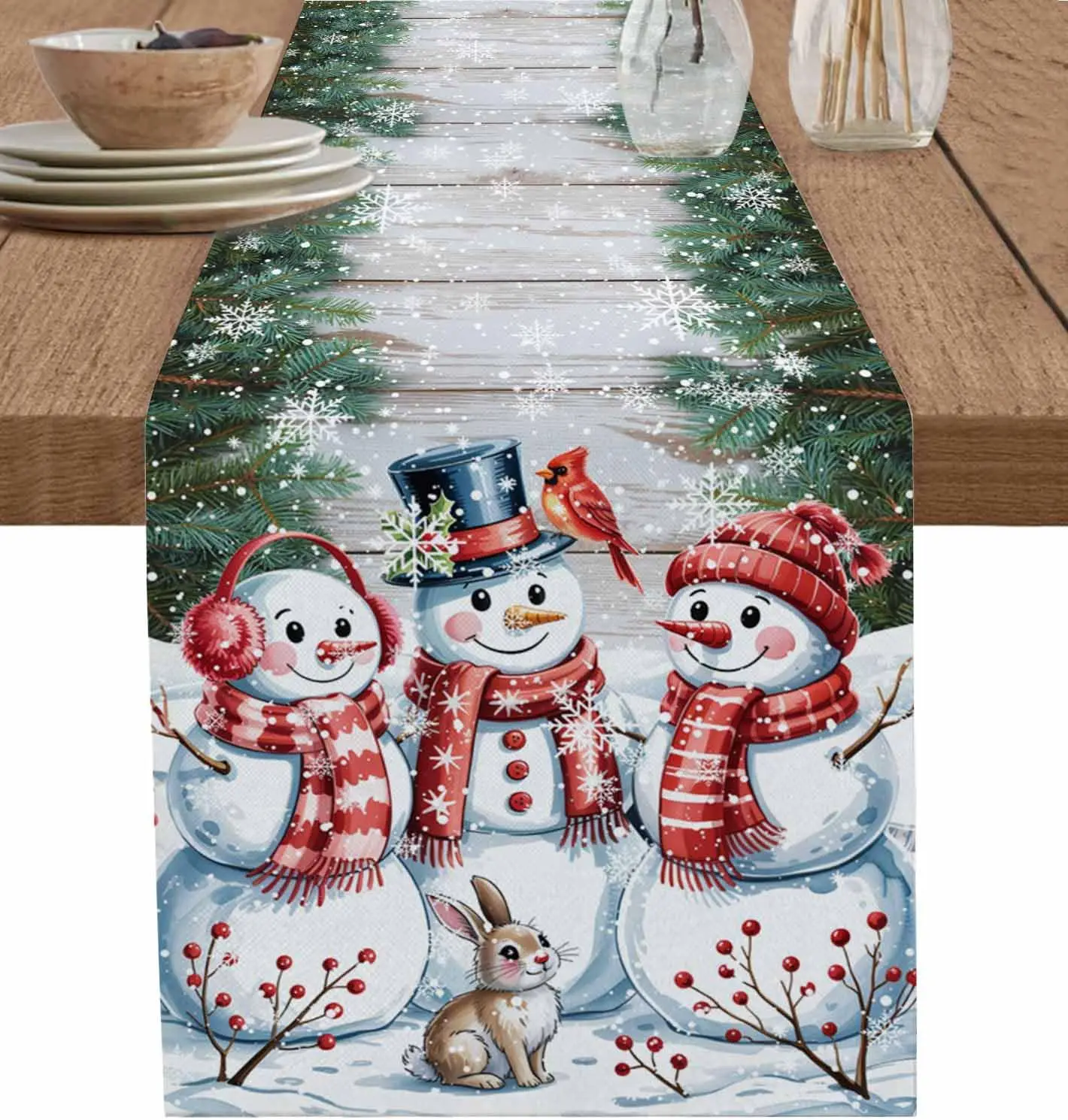 Christmas Snowman Pine Needle Linen Table Runner Party Decor Reusable Winter Kitchen Dining Table Runner Christmas Decorations