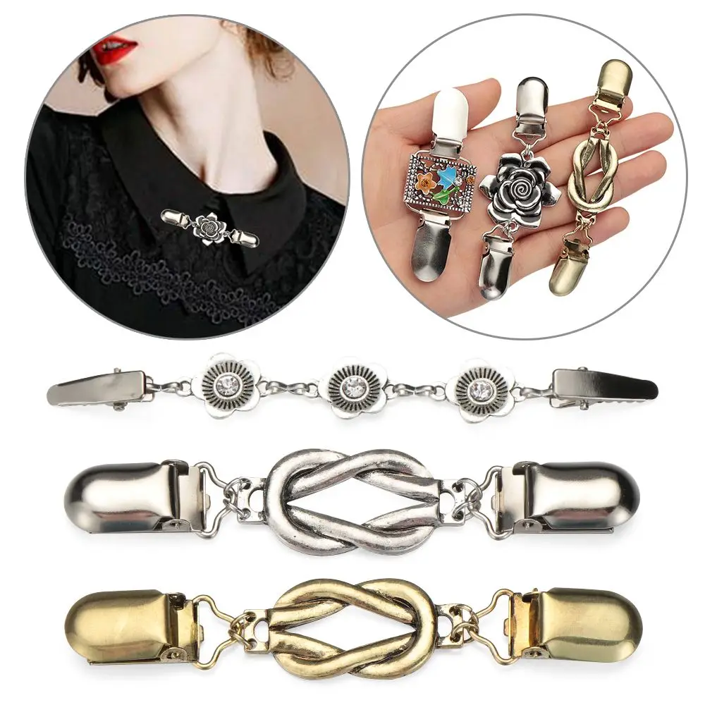 Retro Women Cardigan Sweater Blouse Shawl Clips Shirt Collar Flower Pattern Duck Clip Clasps view 5