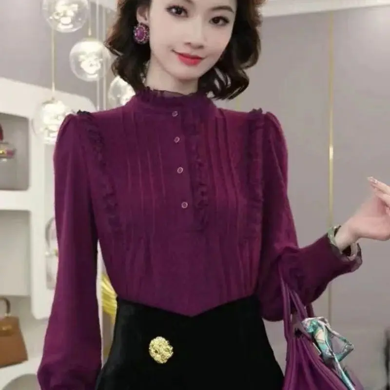 High-End-Samtbluse im französischen Stil für Damen, 2025, neuer Herbst, dick, lila, einreihig, langärmelig, Damen-Plisseehemd