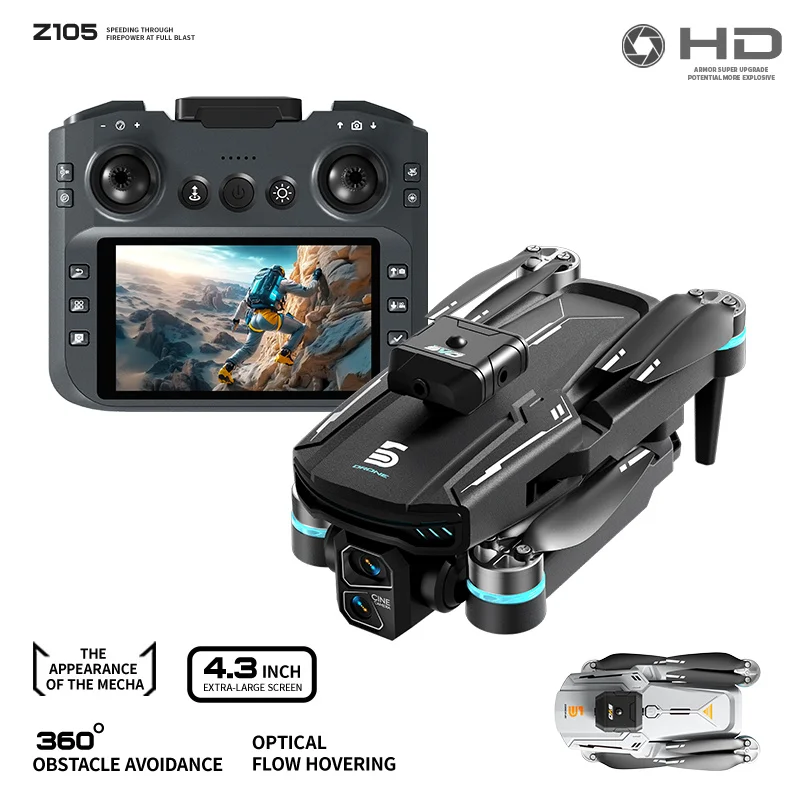 Z105 Foldable Drone | 4.3In HD Large Screen Real-Time FPV | Brushless Motor Dual Camera WIFI EIS Gimbal Xmas Birthday Tech Gift