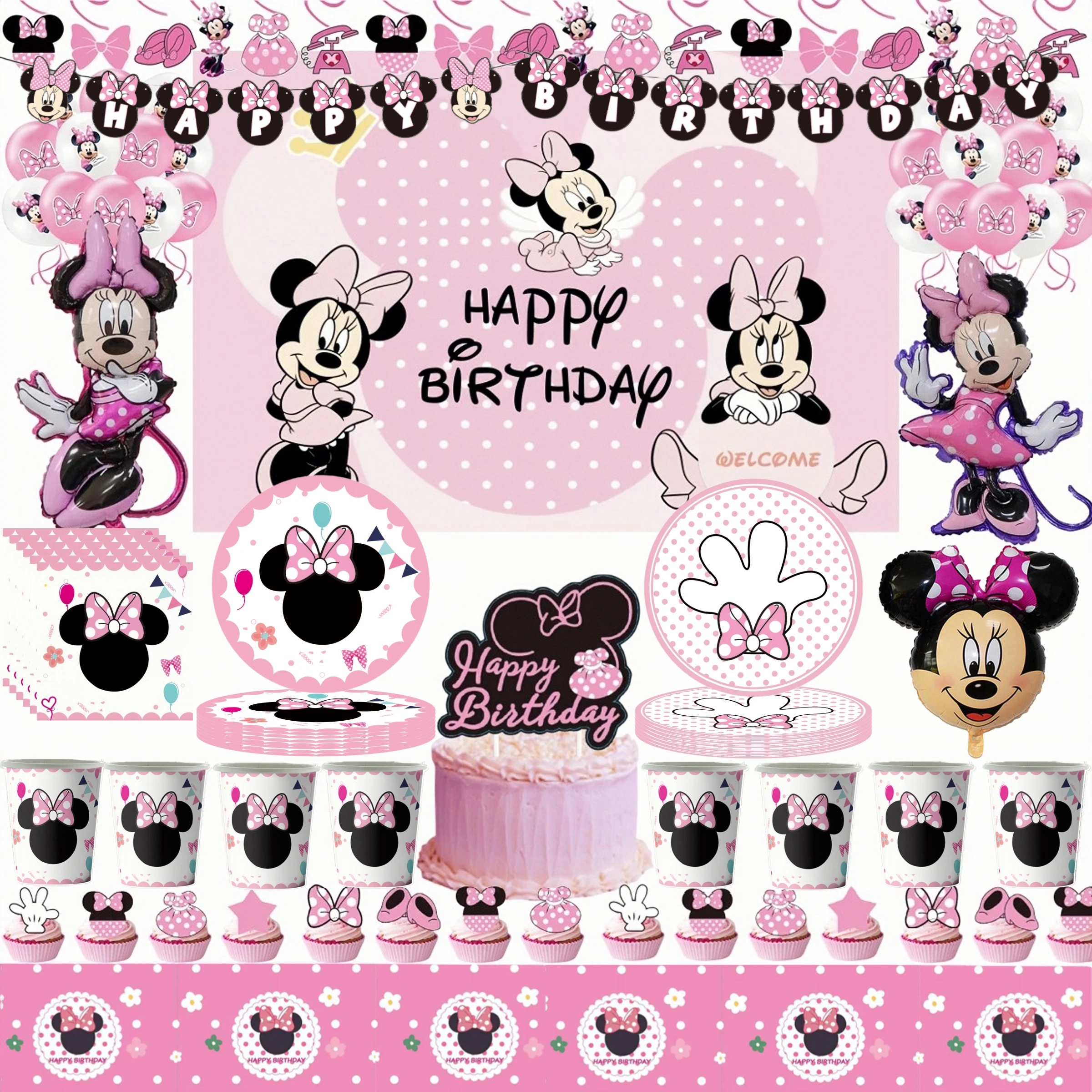 

Disney Minnie Mouse Birthday Party Decoration Disposable Tableware Cup Plate Gift Bag Balloon Baby Shower Girls Party Supplies