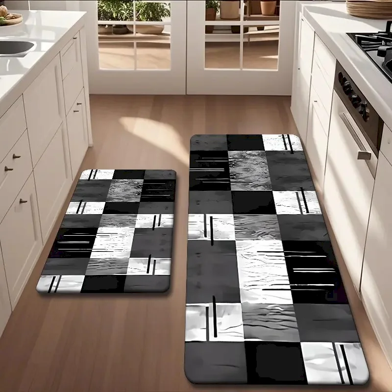 VIKAMA Geometric Plaid Kitchen Rug Set,Non Slip Oil Absorb Washable Anti Fatigue Mat,B&W Modern Hall Entry Decor Floor Carpet