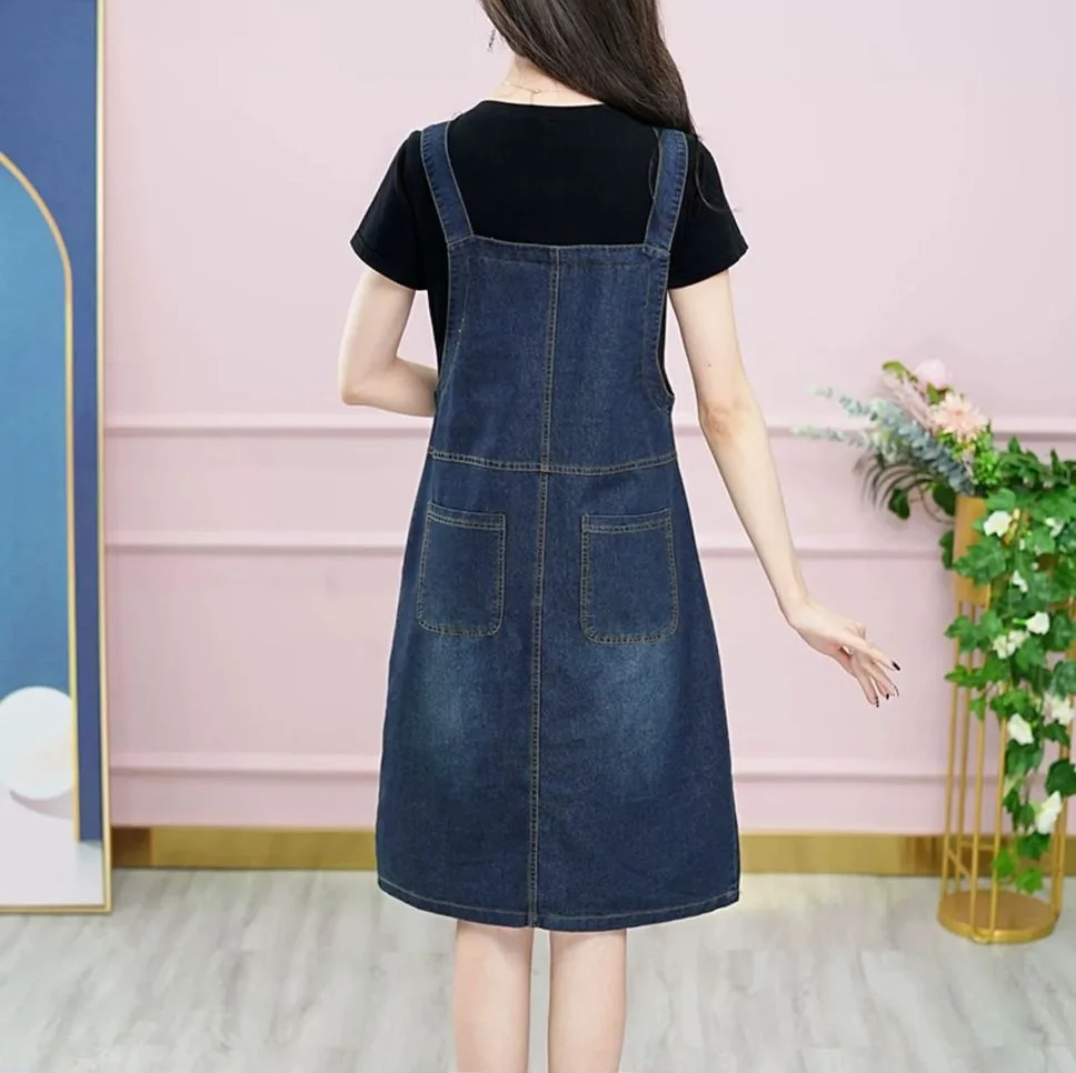 デニムストラップドレス女性 4XL 大きいサイズ新しい夏の韓国スタイルノースリーブジーンズドレスミディオーバーオールドレスカジュアルサンドレス