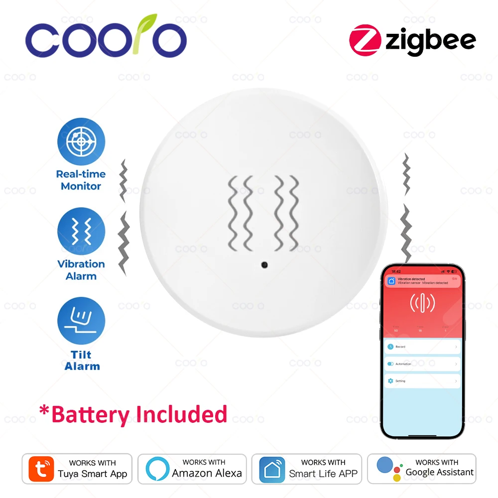 Tuya Zigbee Smart Vibration Sensor Detection Tilt XYZ Axis Sensor SmartLife App Notification Real-Time Motion Shock Alarm Record