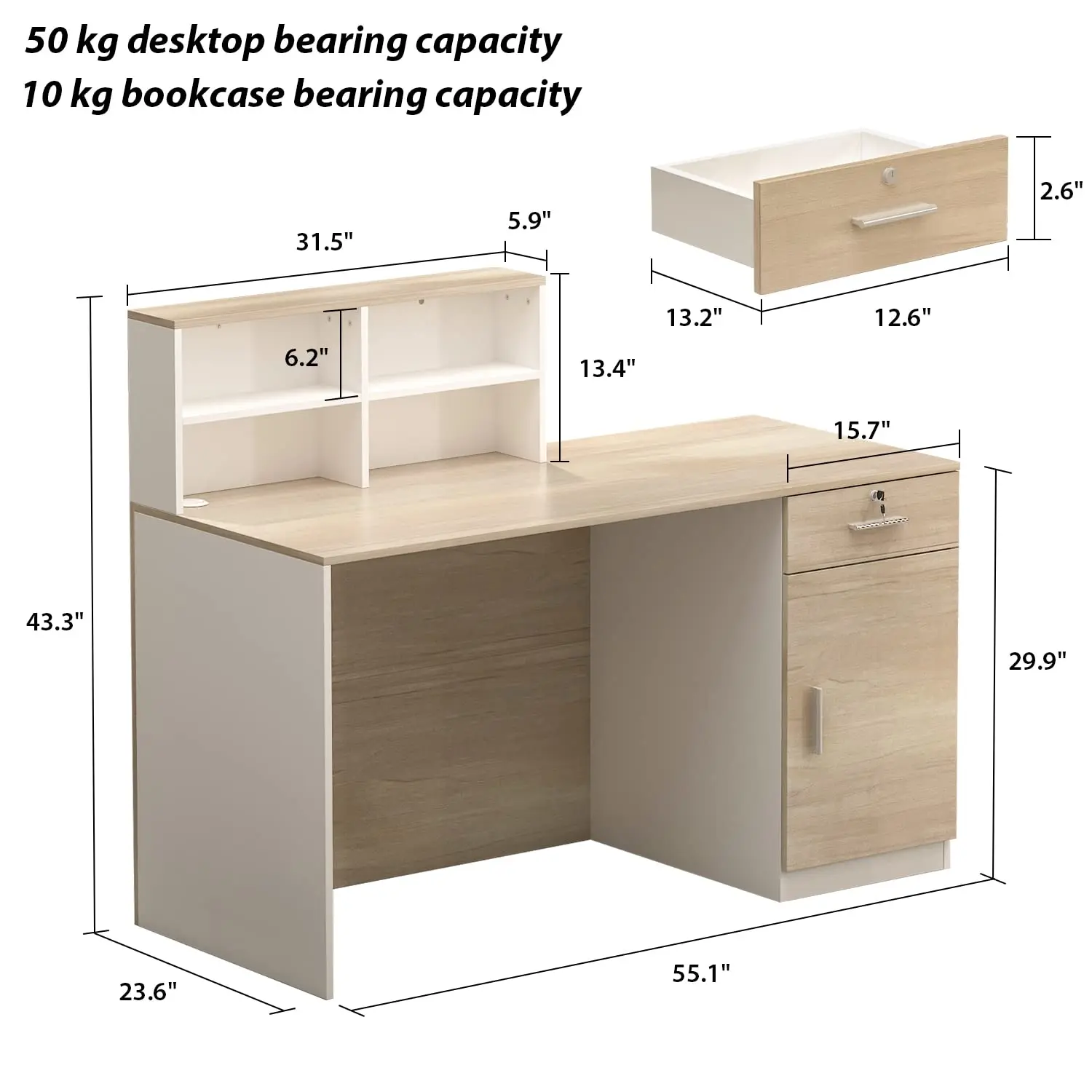 Reception Desk with Counter & Lockable Srotage Drawers, for Salon Reception Room Checkout Office, Natrual
