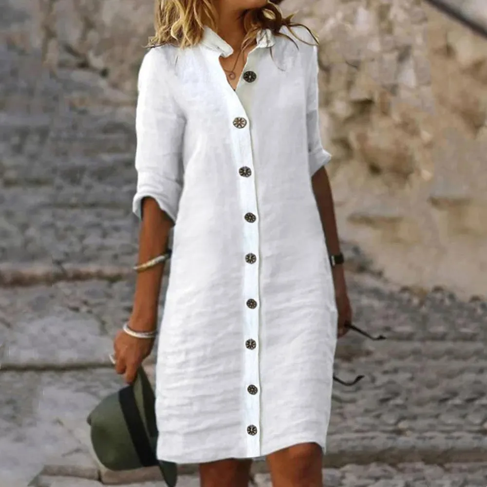 Women Mini Shirt Dress Summer Fashion  Платье  Cotton Linen White Dress Ladies Casual Holiday Vestidos Slip Dress Летнее Платье