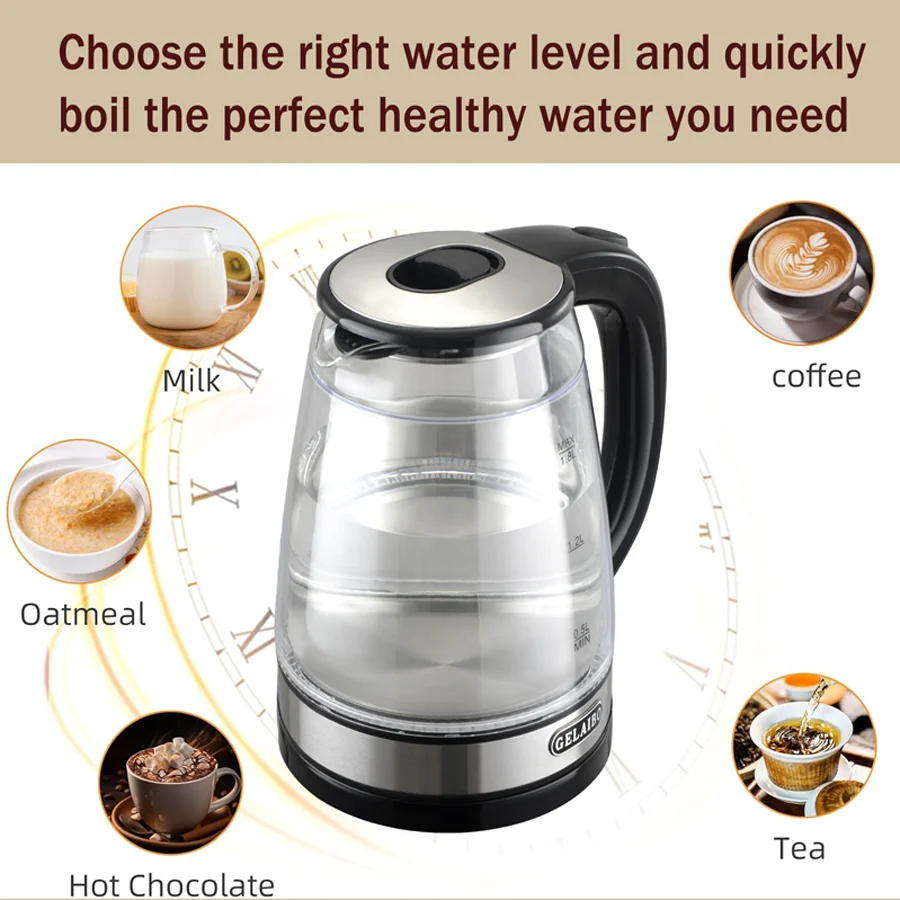 غلاية ماء كهربائية 1.8 لتر ، غلاية ماء شاي ، مناسبة للمياه الساخنة والقهوة والشاي ، مع إغلاق أوتوماتيكي ، وظيفة حماية الغليان، BPA غير مدرجة ، مصباح LED، غلاية مياه وسخان من الزجاج والفولاذ ،مثالية للمنزل والسفر