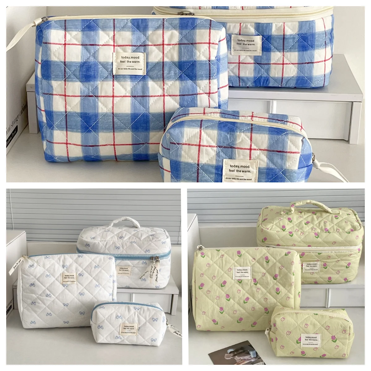 YT retro versatile color-blocked toiletry bag with red and blue checkered pattern and rose bow, high aesthetic value, portable f