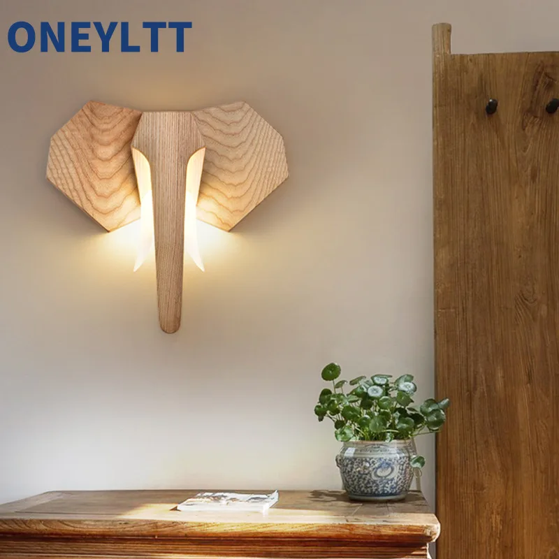 

Nordic solid wood wall lamp creative decoration wooden elephant bedroom bedside atmosphere simple staircase corridor LED light