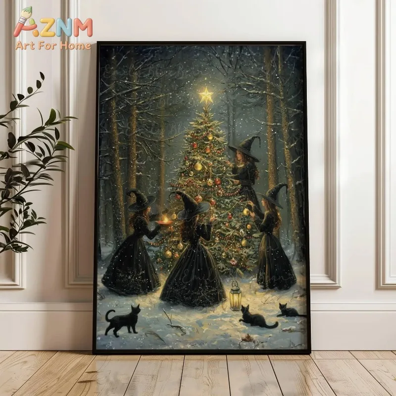Mystic Snowy Forest Witches Black Cats Christmas Tree Canvas Poster Prints Frameless Wall Art Festive Winter Dark Home Decor