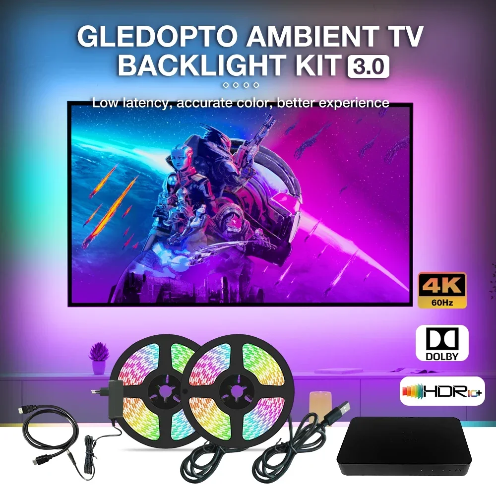 

Gledopto Ambient TV Backlight Kit 3.0 Strip Light RGBIC HDMI-compatible SYNC Box Set Color Change Enjoy Lighting Support 4K