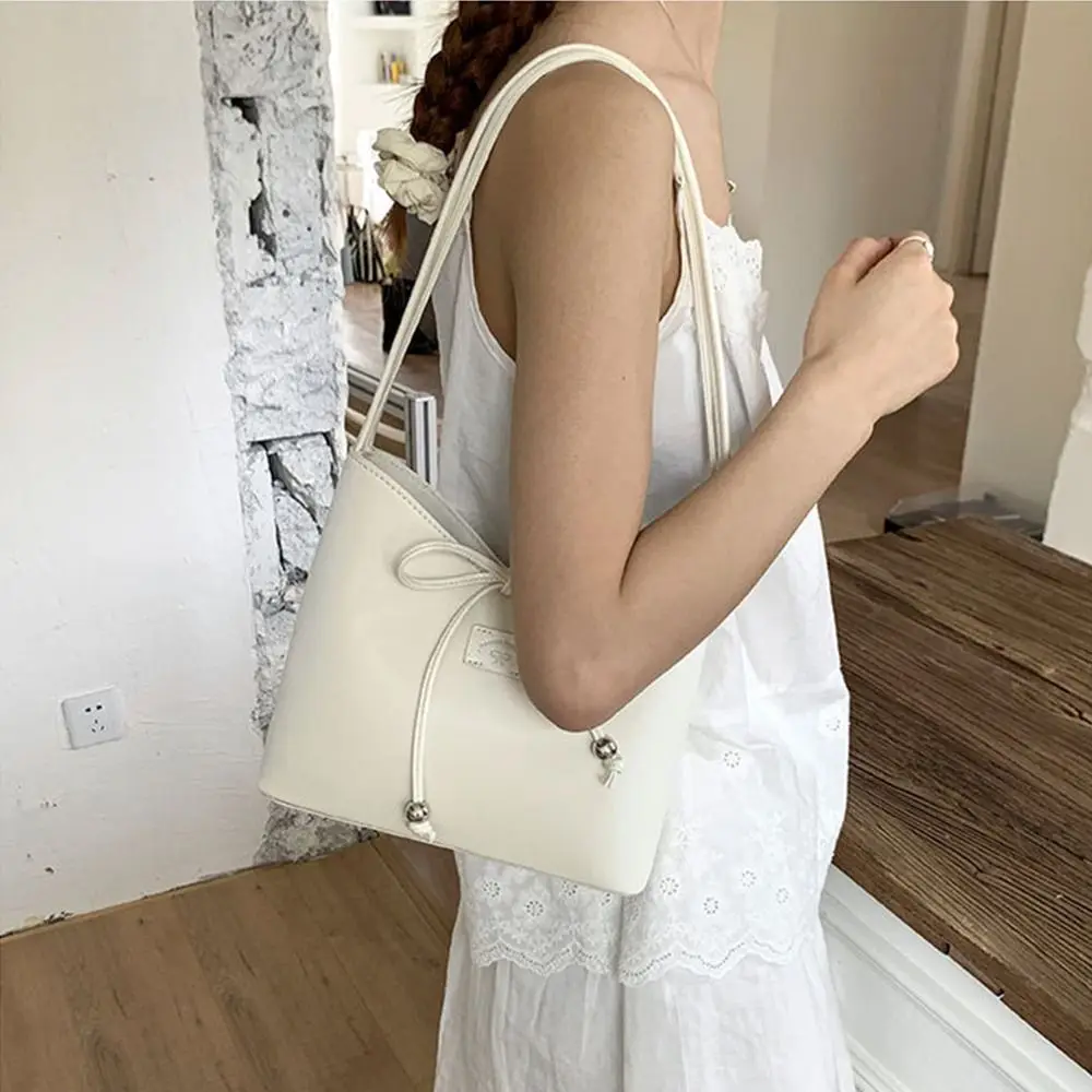 

Simple Korean Bow Bucket Bag Y2k Leisure Bowknot Armpit Bag Sweet Pu Leather Shoulder Bag Handbags