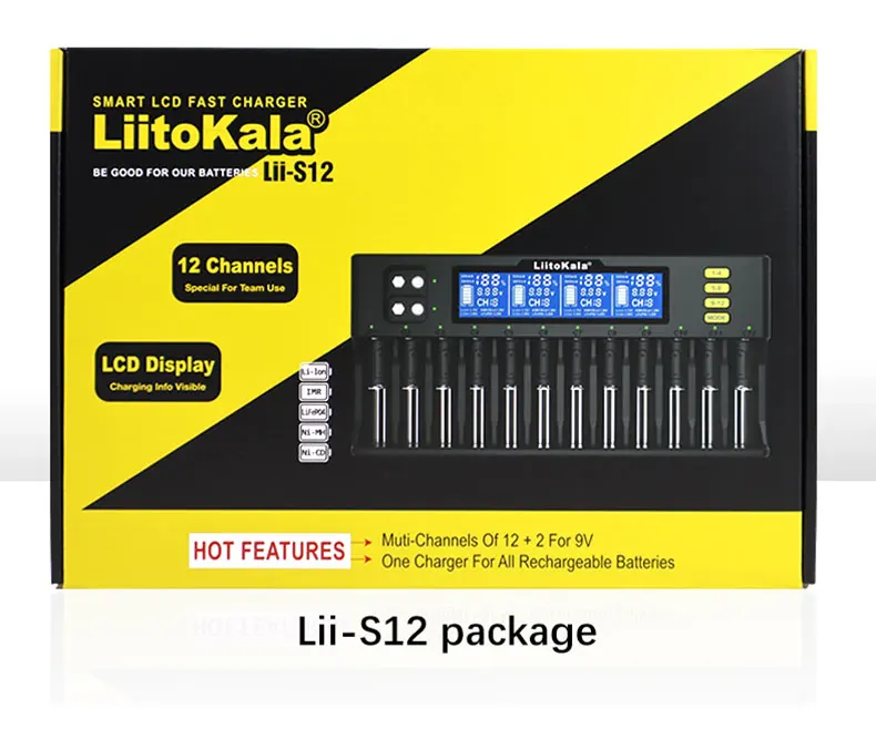 LiitoKala Lii-S12 Smart-Ladegerät 12-Slot LCD Auto-Polarität 18650 21700 26650 32650 Li-ion LiFePO4 NiMH AA AAA 9V Batterie 12V 4A – Detail 8