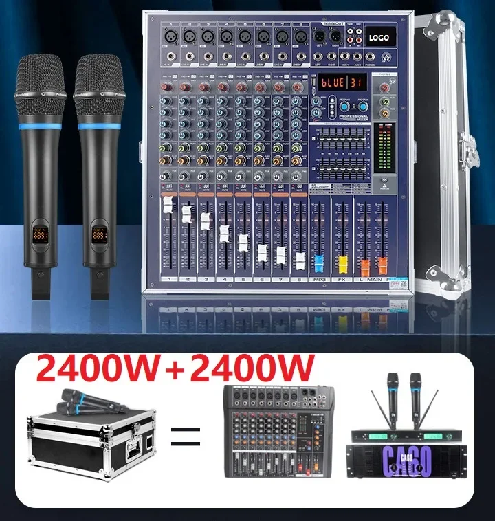 8 Channel 2400W*2 Powered Blender 99DSP+USB+Bluetooth+Recording+MP3 Reverb Profesional Powered Music Console Sound System