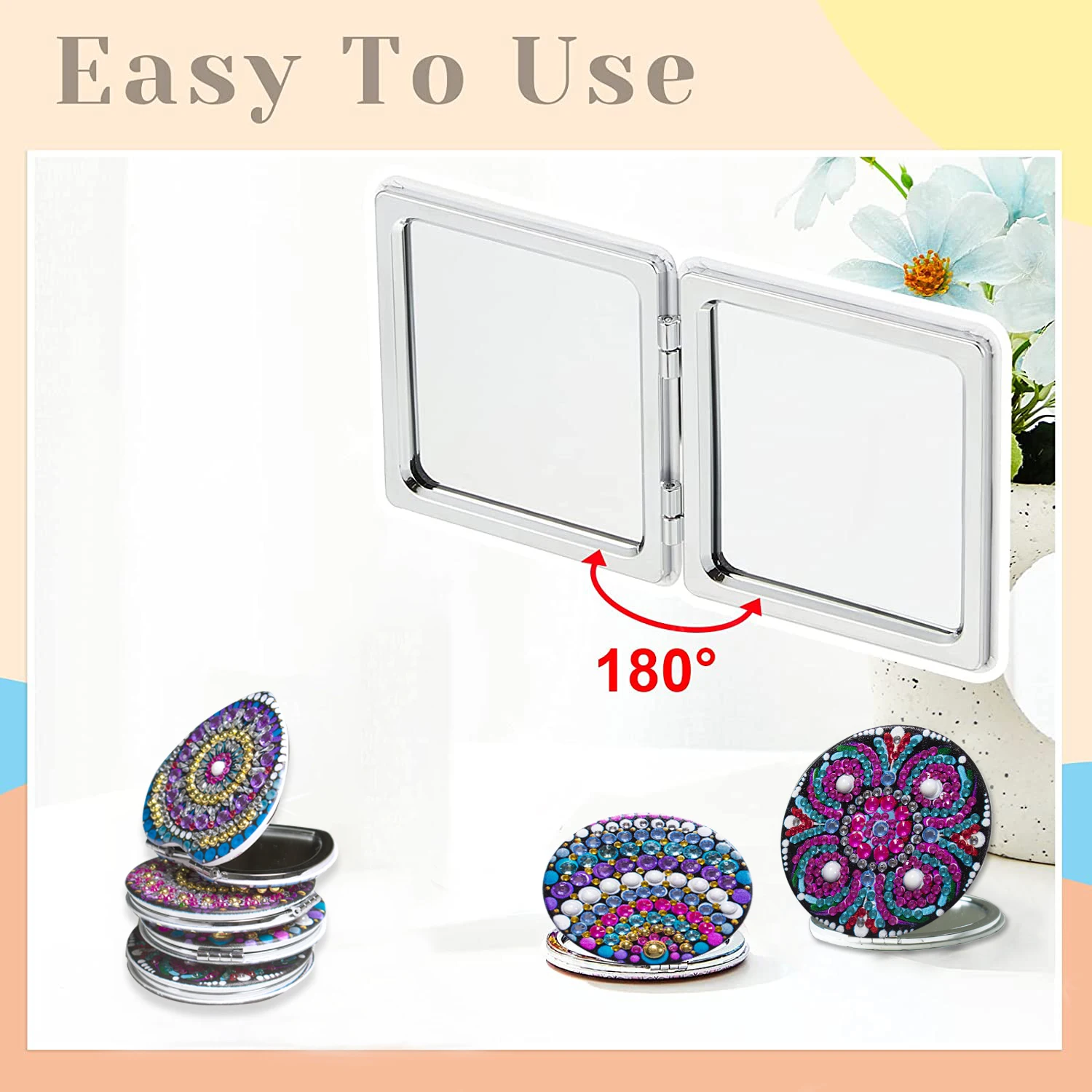 1pc/Set DIY Mandala Diamond Painting Mirror Compact Portable Folding Mirror for Women Mandala Diamond Art Mirror Kits for Adults
