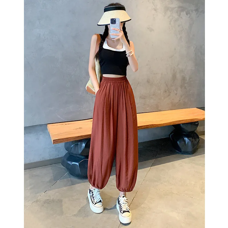 Spring Summer Thin Ice Silk Loose Slimming Nine Points Harlan Pants Lantern Pants Spor Casual High Waist Trousers Commuting 2025