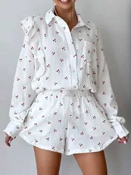 Marthaqiqi Fashion Printing Ladies Pajamas Set Long Sleeve Nightwear Turn-Down Collar Sleepwear Shorts Casual Women Nightie Suit