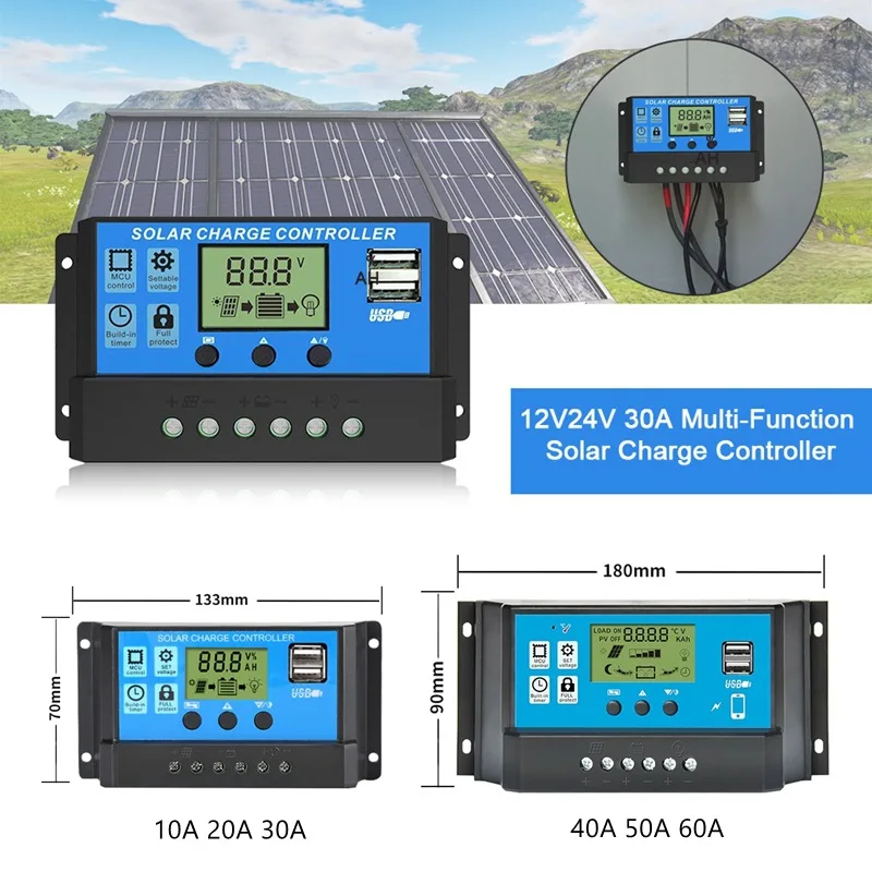 ตัวจับเวลา10A เครื่องควบคุมการชาร์จพลังงานแสงอาทิตย์12V/24V PWM ปรับได้20A 30A หน้าจอ LCD