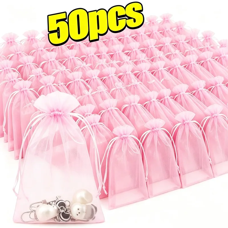 10-50pcs Jewelry Packaging Bag Organza Bags Pink Storage Wedding Drawstring Pouches Multi Size Small Medium Large Organza Bag