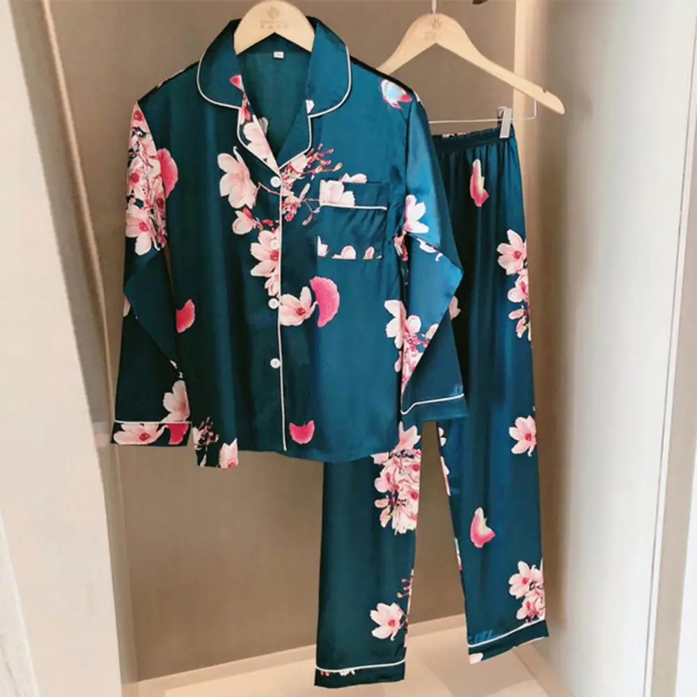 

2025 2 Pcs/Set Women Spring Summer Pajama Set Floral Print Silky Lapel Long Sleeve Loose Single-breasted Wide Leg Homewear Shirt