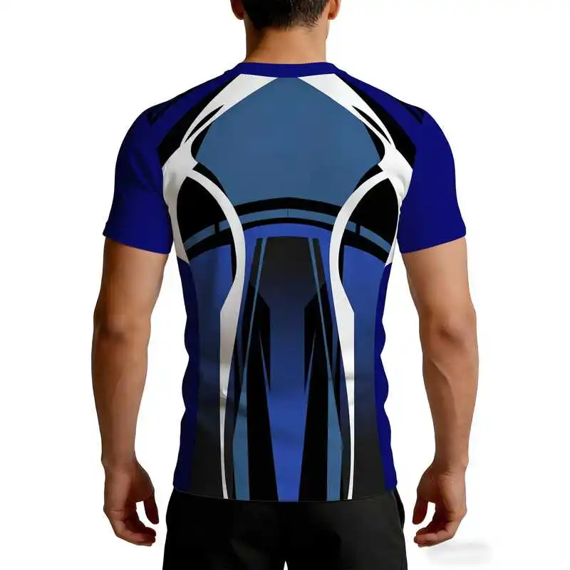 Functional Competitive Style Men'S Blue Black Geometric Patchwork Print Elastic Training Tight Sports Quick-Dry Top Short Sleeve