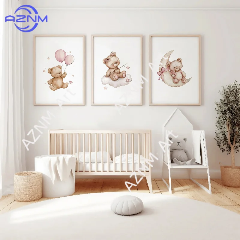 1/3Pcs  Teddy Bear Nursery Print Set: Pink Balloon Decor
