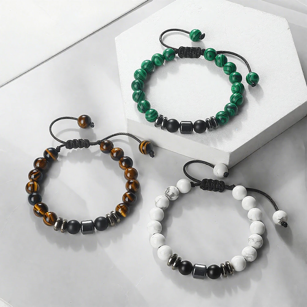 Adjustable Natural Stone Bracelets Hematite Spacer Malachite Tiger Eye Stone Howlite Onyx Beads Bangle Men Balance Wrist Jewelry