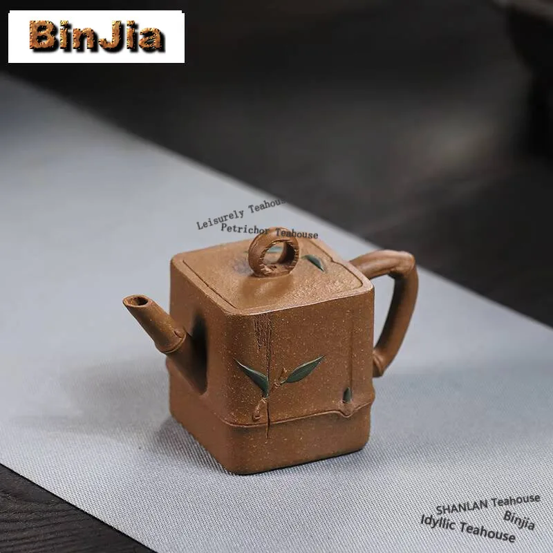 100ml Yixing Purple Clay Teapots Artists Handmade Square Bamboo Joint Pot Raw Ore Gold Downhill Mud Kettle Infuser Zisha Tea Set